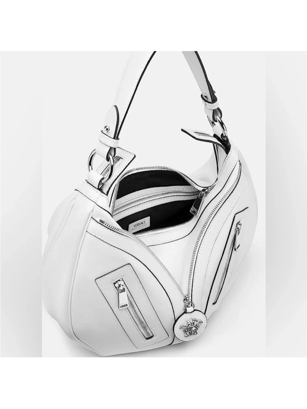 Versace Optical White Calfskin Crescent Hobo Shoulder Bag Silver Hardware